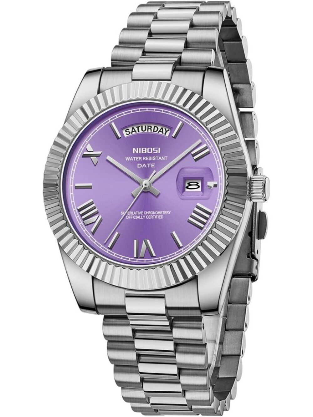 Nibosi Mens Silver Purple Analog Quartz Stainless Waterproof Desiger Wrist Watch